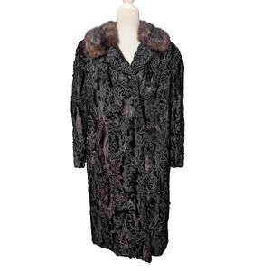 Vintage 100% Genuine Persian Lamb Fur Coat Mink Collar - Size M Petite